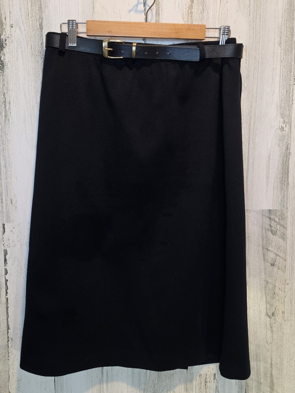 Vintage Alfred Dunner Black Belted Midi Skirt Made USA A-Line Pockets Women's 16